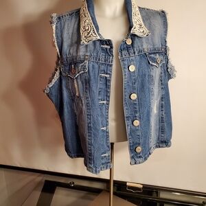 Women's Denim Vest with Lace Trim